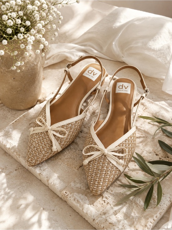 Dolce Vita Shoes - Dolce Vita Beige Woven Pointed-Toe Slingback Flats with Bow